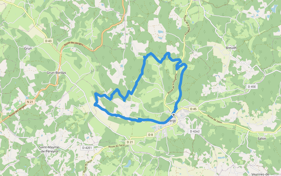 Boucle des Crêtes walking route map in Vergt