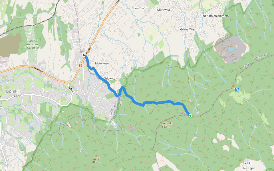 Lipnik Granica - Przełęcz u Panienki walking route map in Kozy