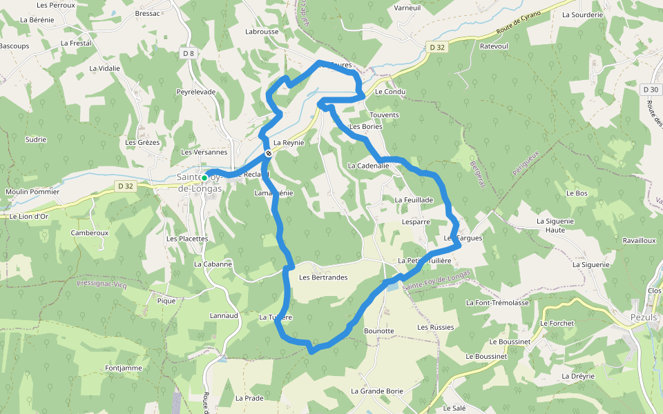 Château de Longas walking route map in Sainte-Foy-de-Longas