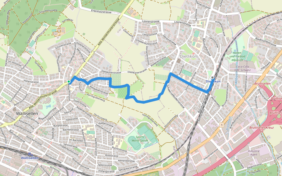 Rieden - Dietlikon walking route map in Wallisellen