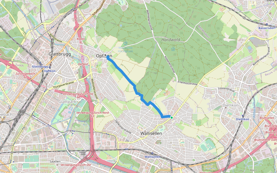 Rieden - Opfikon walking route map in Wallisellen