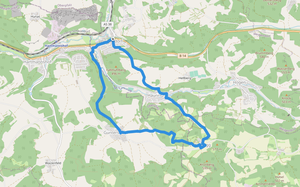 Blauring walking route map in Weigendorf