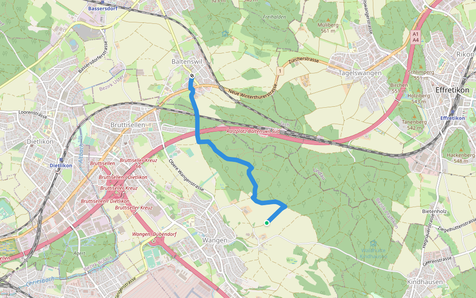Kantonsmittelpunkt - Baltenswil walking route map in Wangen-Brüttisellen
