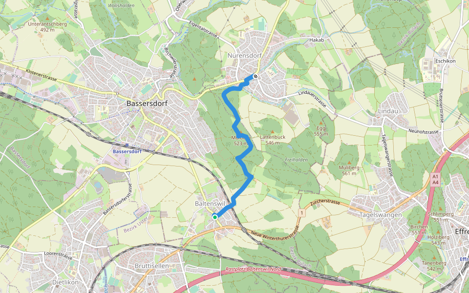 Baltenswil - Nürensdorf walking route map in Bassersdorf