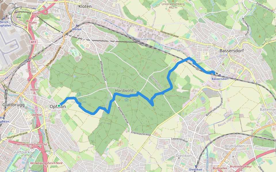 Opfikon - Bassersdorf walking route map in Opfikon