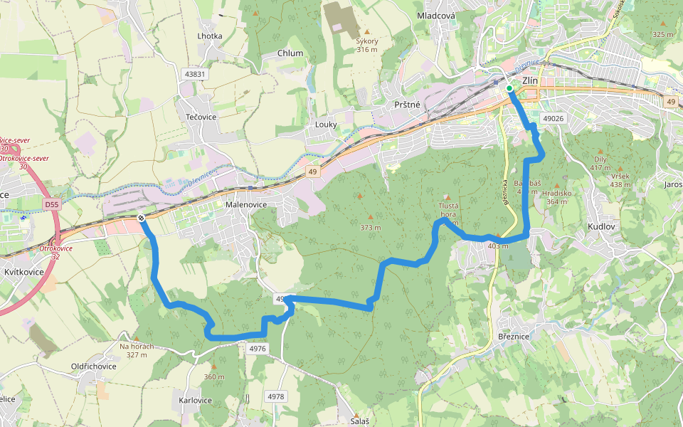 [Z] Zlín - Malenovice přes Lesní hřbitov a Svatou vodu walking route map in Zlín