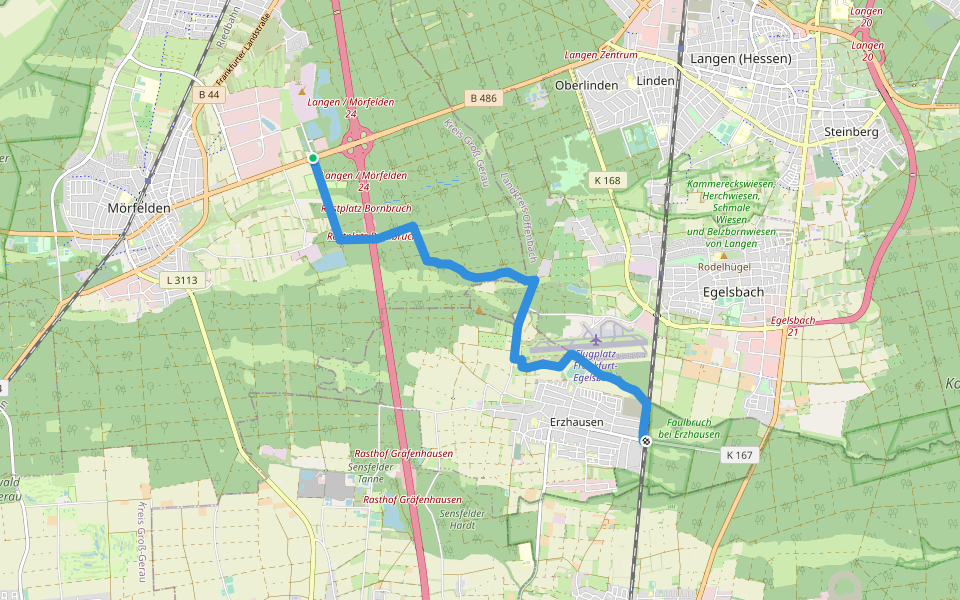 Hugenotten- und Waldenserpfad (Abschnitt Erzhausen - Mörfelden-Walldorf) walking route map in Mörfelden-Walldorf