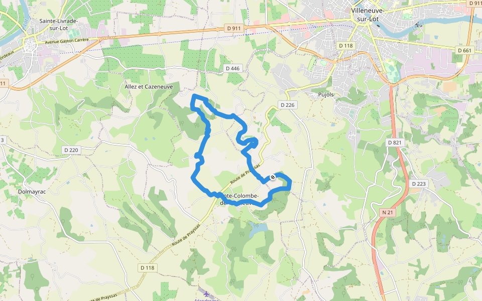 Sainte-Colombe-de-Villeneuve, vers l’église du Laurier walking route map in Pujols