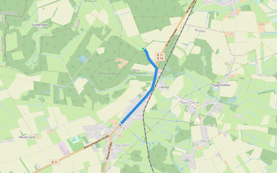 Zuweg Basdahl - Nordpfad Hölzerbruch-Malse walking route map in Oerel