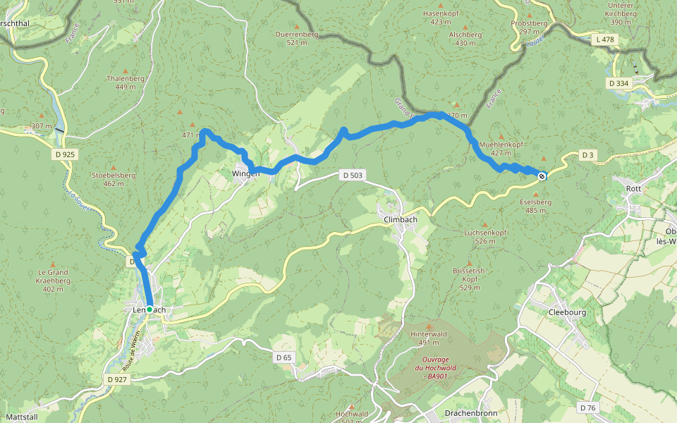 Rectangle jaune barré de blanc walking route map in Lembach
