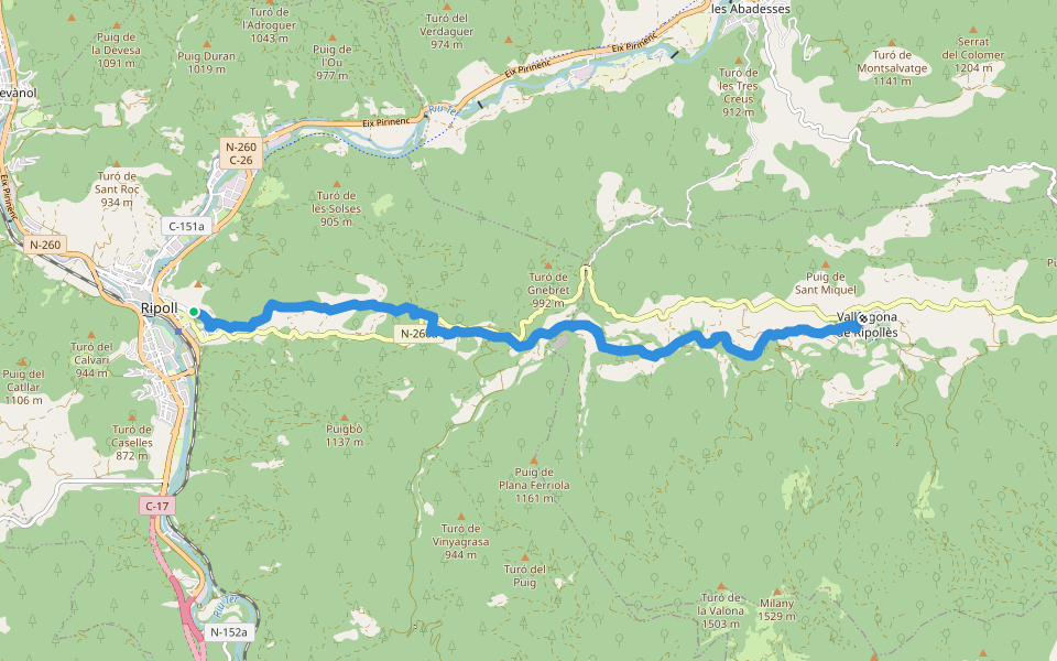 Camí Ral de Vallfogona a Ripoll walking route map in Ripoll