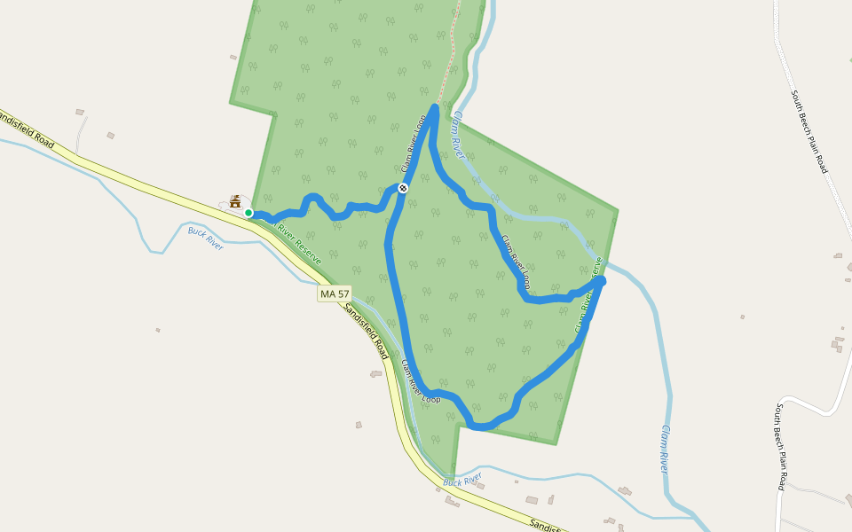 Clam River Loop walking route map in Sandisfield