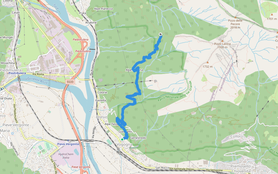 A32 - Vogogna - Alpe Ceresola - bivio A28 walking route map in Vogogna