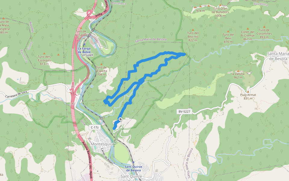 Castell de Montesqiu-Coll dels Tres Pins walking route map in Montesquiu