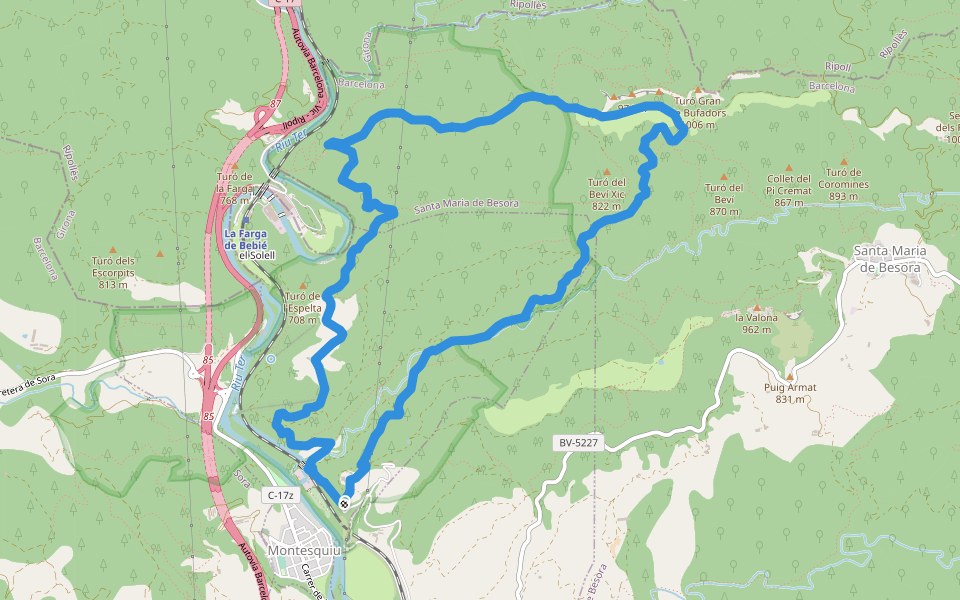 PR-C 214 Serra dels Bufadors walking route map in Montesquiu