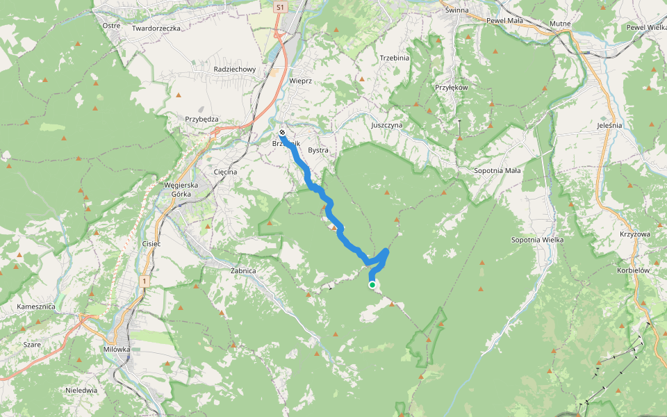Słowianka - Brzuśnik MZK walking route map in Żabnica