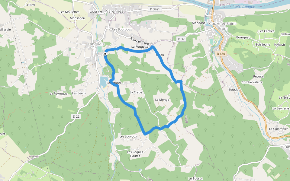Boucle des coteaux walking route map in Lanquais