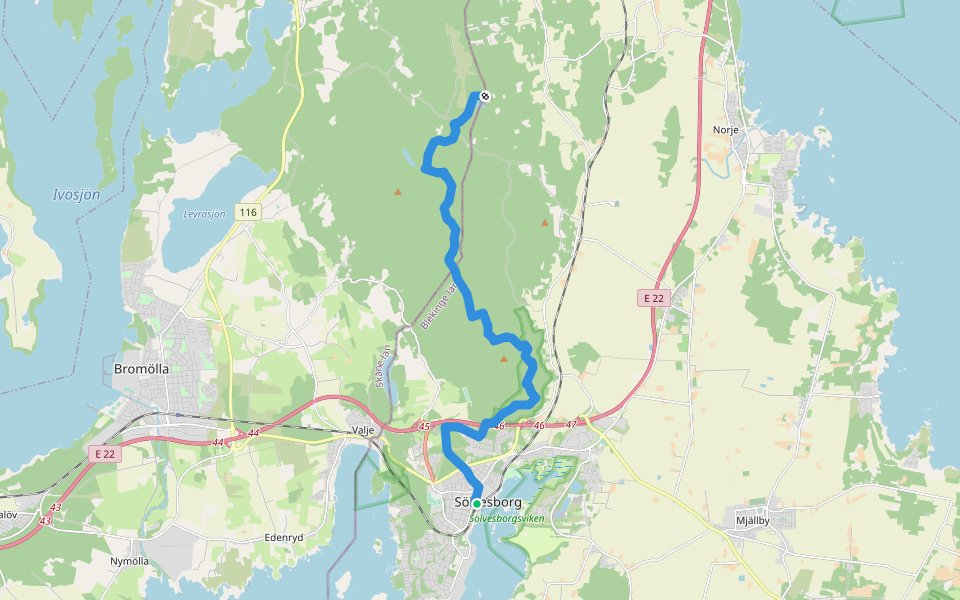 Blekingeleden Etapp 1: Sölvesborg–Grundsjön walking route map in Karlskrona