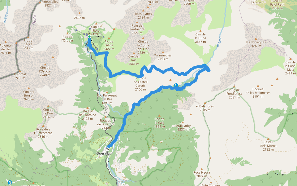 Núria-Queralbs per pastures i camins miners walking route map in Ribes de Freser