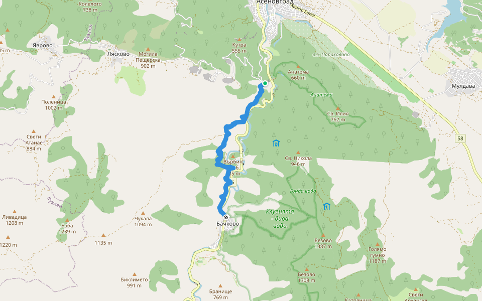 Асеновград - Бачково walking route map in Asenovgrad