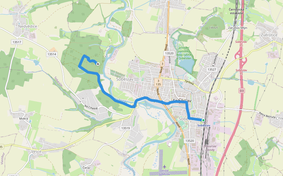 [Ž] Svákov (rozhl.) - Soběslav (žst.) walking route map in Soběslav