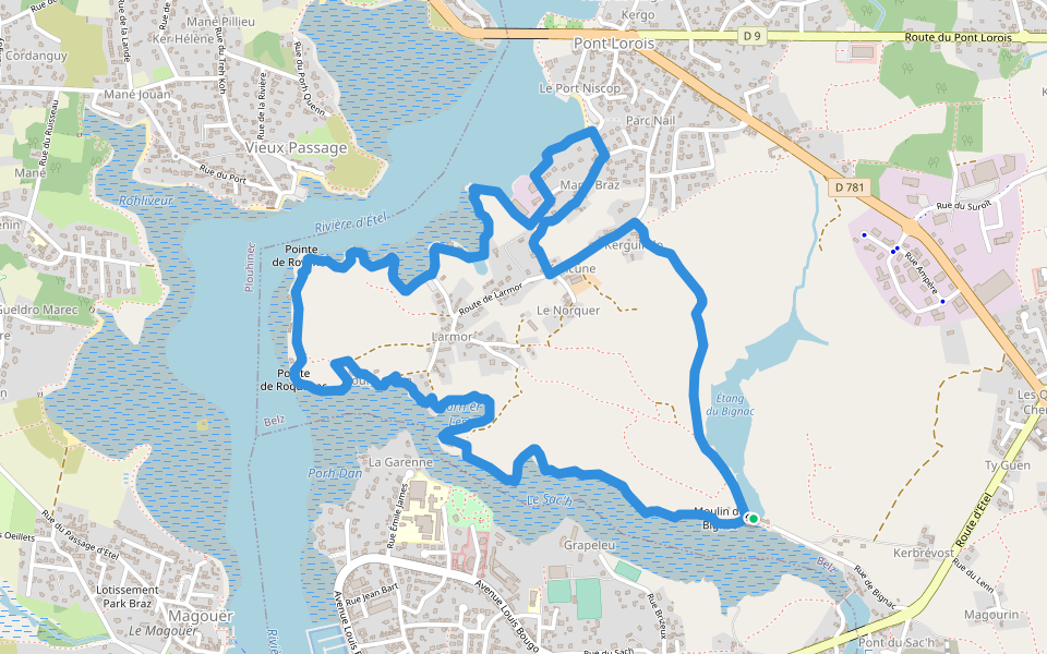 Pointe de Larmor walking route map in Belz