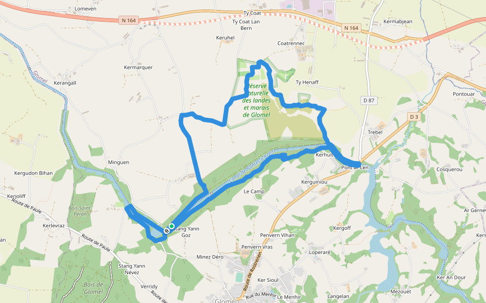 Sentier des landes de Lan Bern et Grande Tranchée walking route map in Glomel