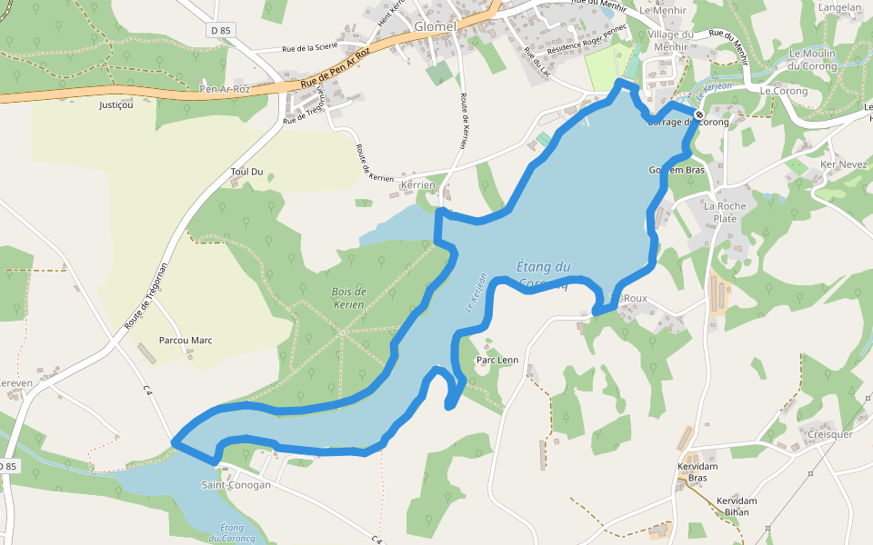 Circuit de l'étang du Coronc walking route map in Glomel
