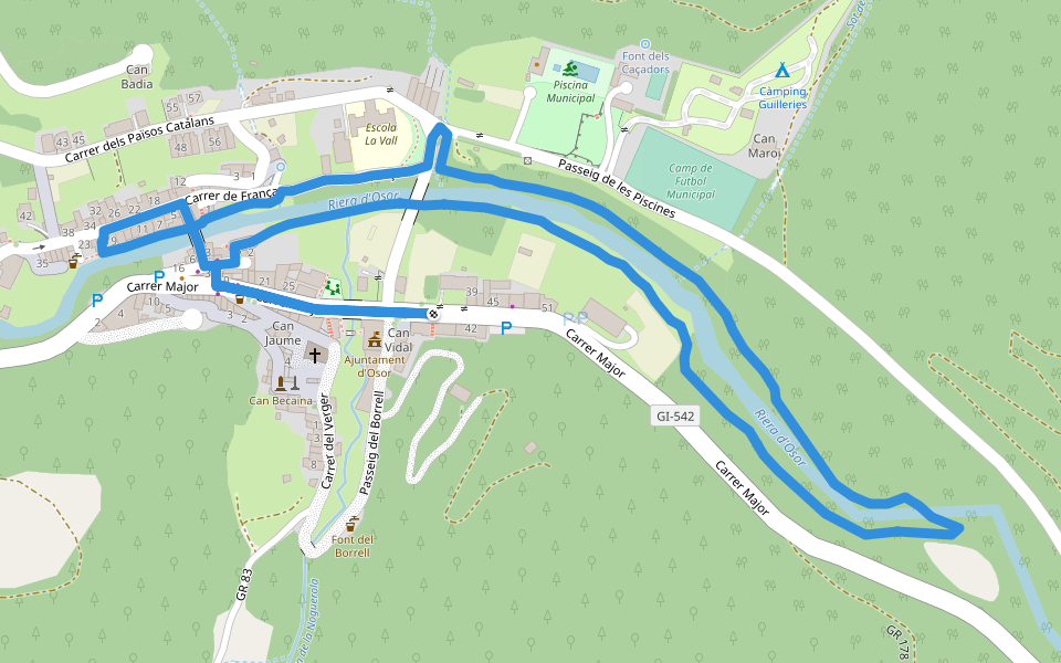 Riera d'Osor walking route map in Osor