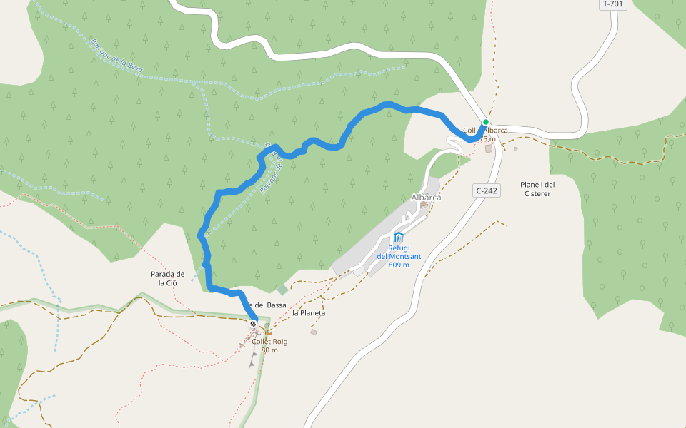 Roureda d'obaga. Albarca walking route map in Cornudella de Montsant