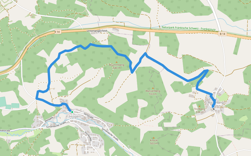 Büchelberg-Högener Kreuz walking route map in Weigendorf