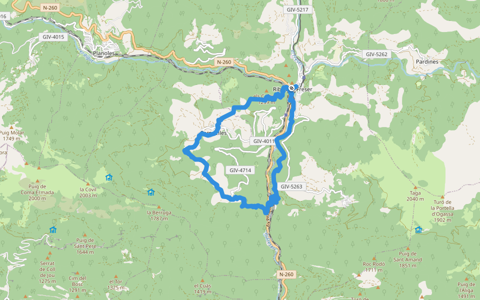 Ribes de Freser-El Baell-Campelles walking route map in Ribes de Freser