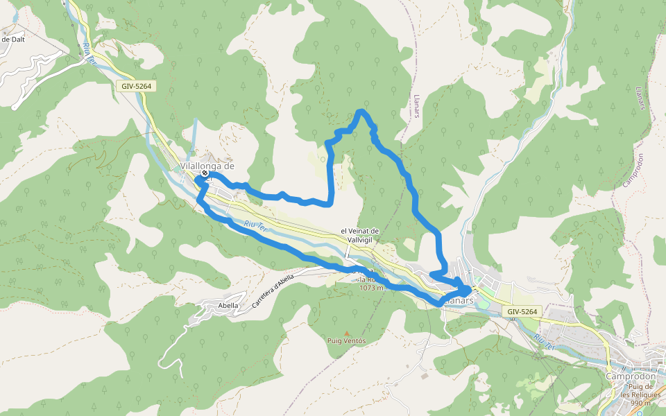 Vilallonga de Ter-Llanars walking route map in Vilallonga de Ter