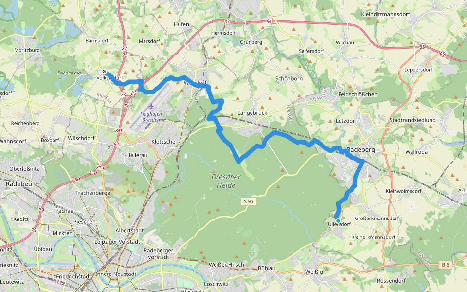 Gelber Strich "Volkersdorf-Weixdorf-Ullersdorf" walking route map in Radeberg
