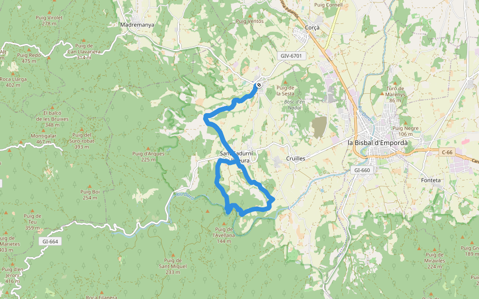 Monells a l'ermita de Sant Joan Salelles i el Molí d'en Frigola walking route map in Monells