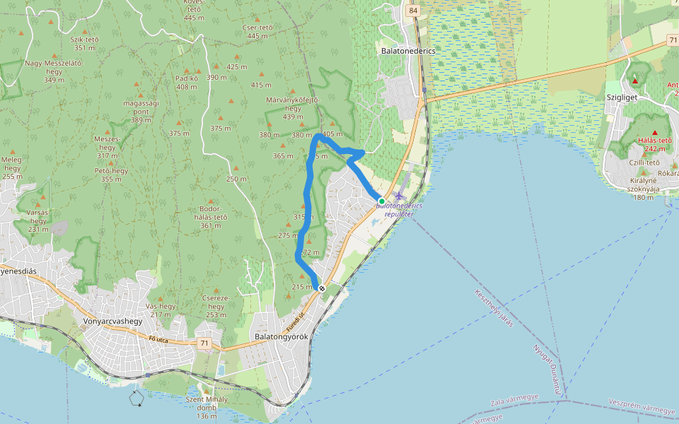 P (Becehegy – Szép-kilátó) walking route map in Balatongyörök