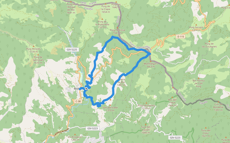 Molló Coll d'Ares walking route map in Molló