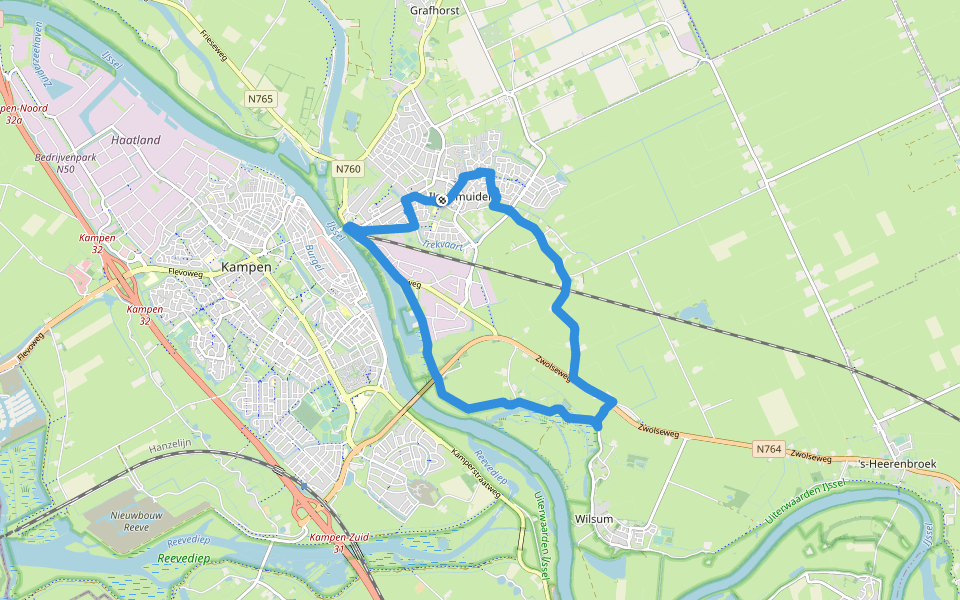 WNW IJsseldelta -IJsselmuiden/Station Kampen - groene route walking route map in IJsselmuiden