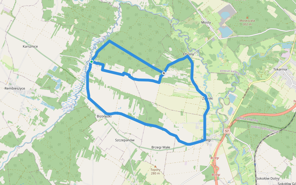 Brzegi nad Nidą walking route map in Bizoręda