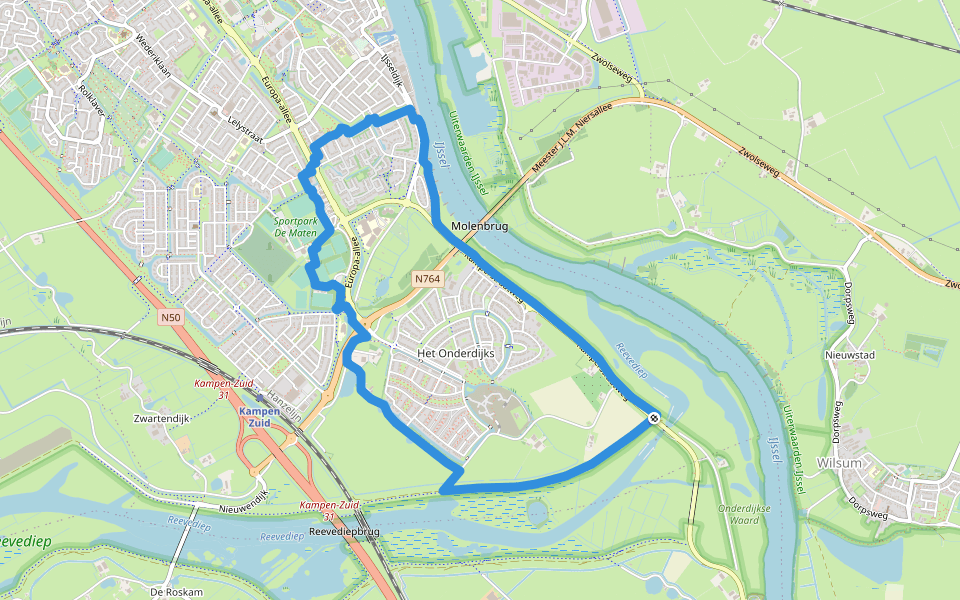 WNW IJsseldelta - d'Olde Zwarver - paarse route walking route map in Kamperveen