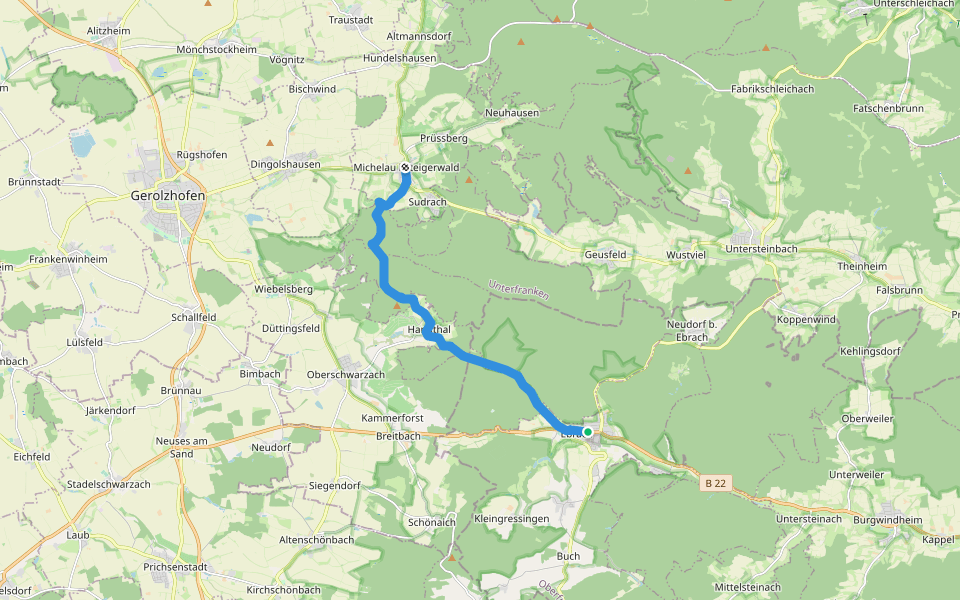 Wanderweg Blaues Dreieck von Michelau nach Ebrach walking route map in Ebrach