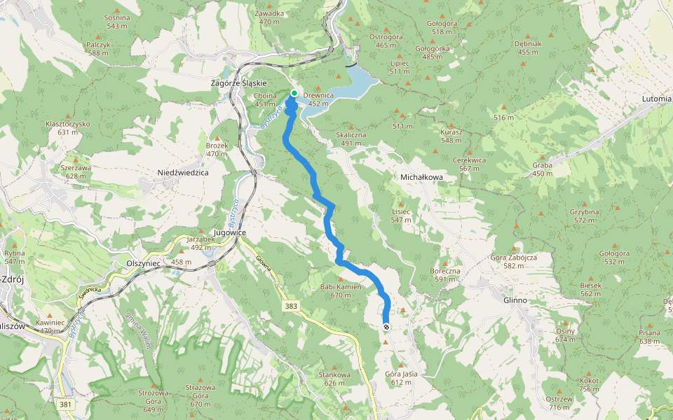 Most na Jeziorze Bystrzyckim - Walim walking route map in Zagórze Śląskie