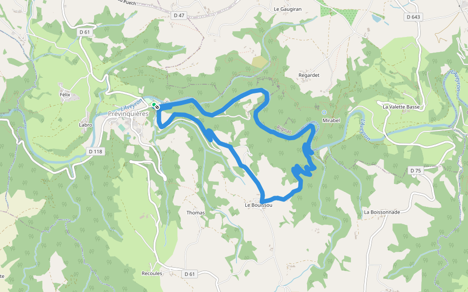 Sentier des Puechs walking route map in Prévinquières