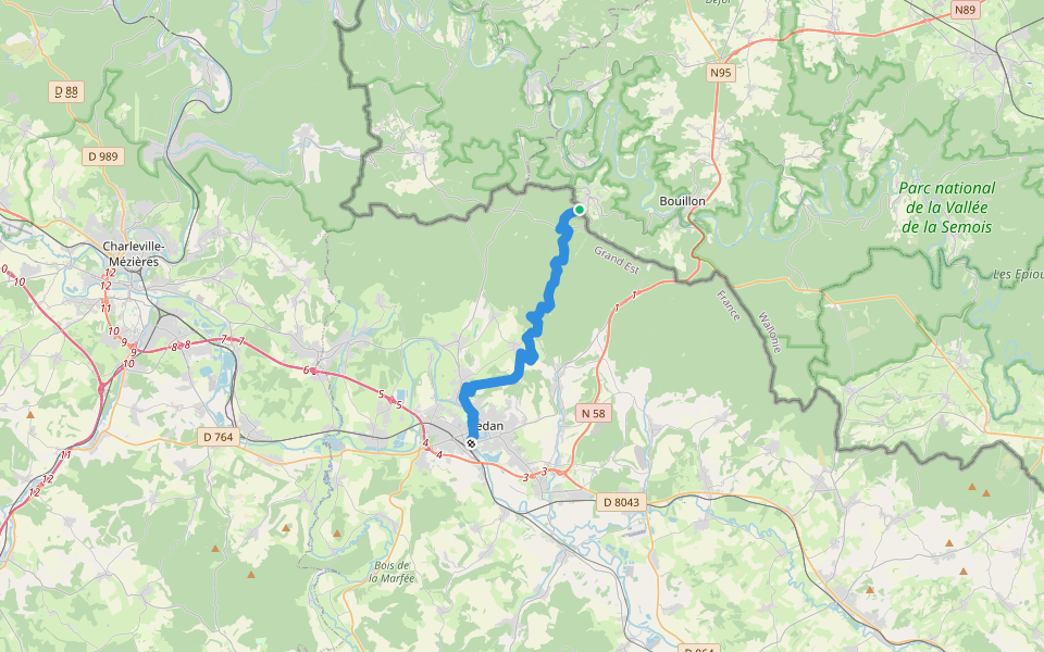De Paris aux Ardennes Belges, Sedan - Corbion walking route map in Bouillon