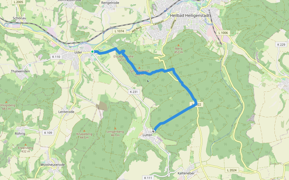 Wanderweg von Uder nach Lutter (Grünes X) walking route map in Uder