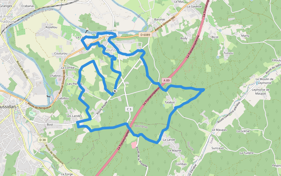 Boucle royale walking route map in Sourzac