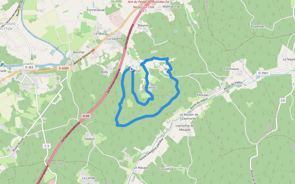 Boucle de la pate de chien walking route map in Sourzac