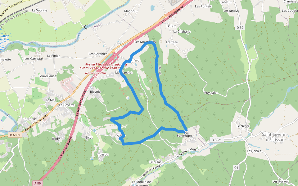 Boucle des 3 Fontaines walking route map in Sourzac