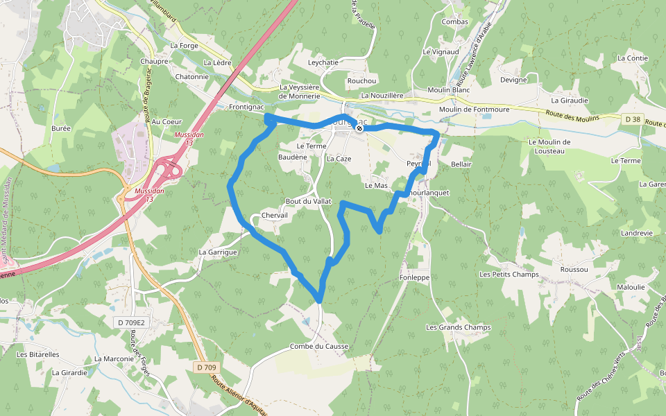Boucle des 9 Fonts walking route map in Bourgnac
