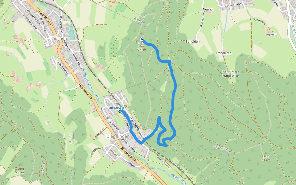 Diepflingen - Thürner Flue walking route map in Diepflingen